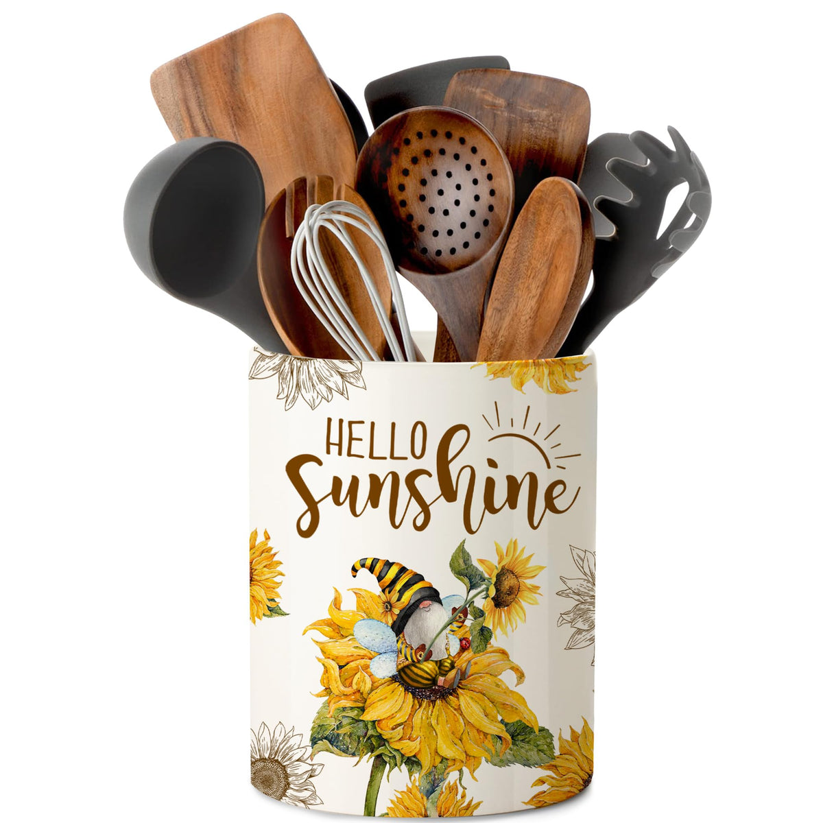 Pinata porta-utensilios cerámico con patrón girasol, ideal para ordenar la cocina con estilo.