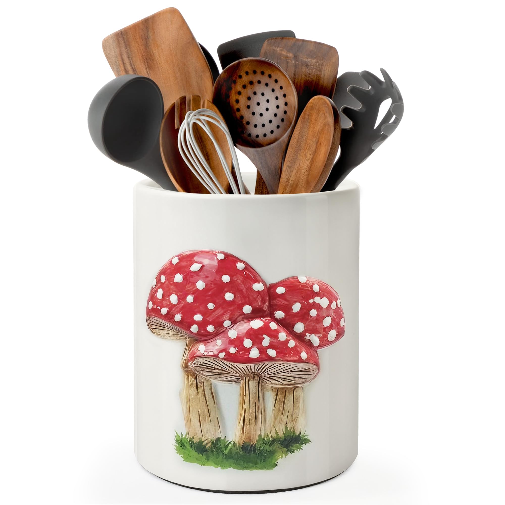 Pinata porta-utensilios hongo relieve, organización práctica en cocinas rústicas.