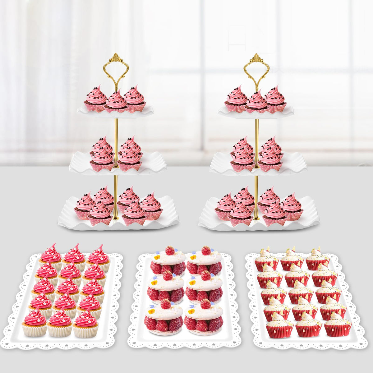 PinCute set-postres-3-estantes: exhibe dulces con estilo y estabilidad en la mesa