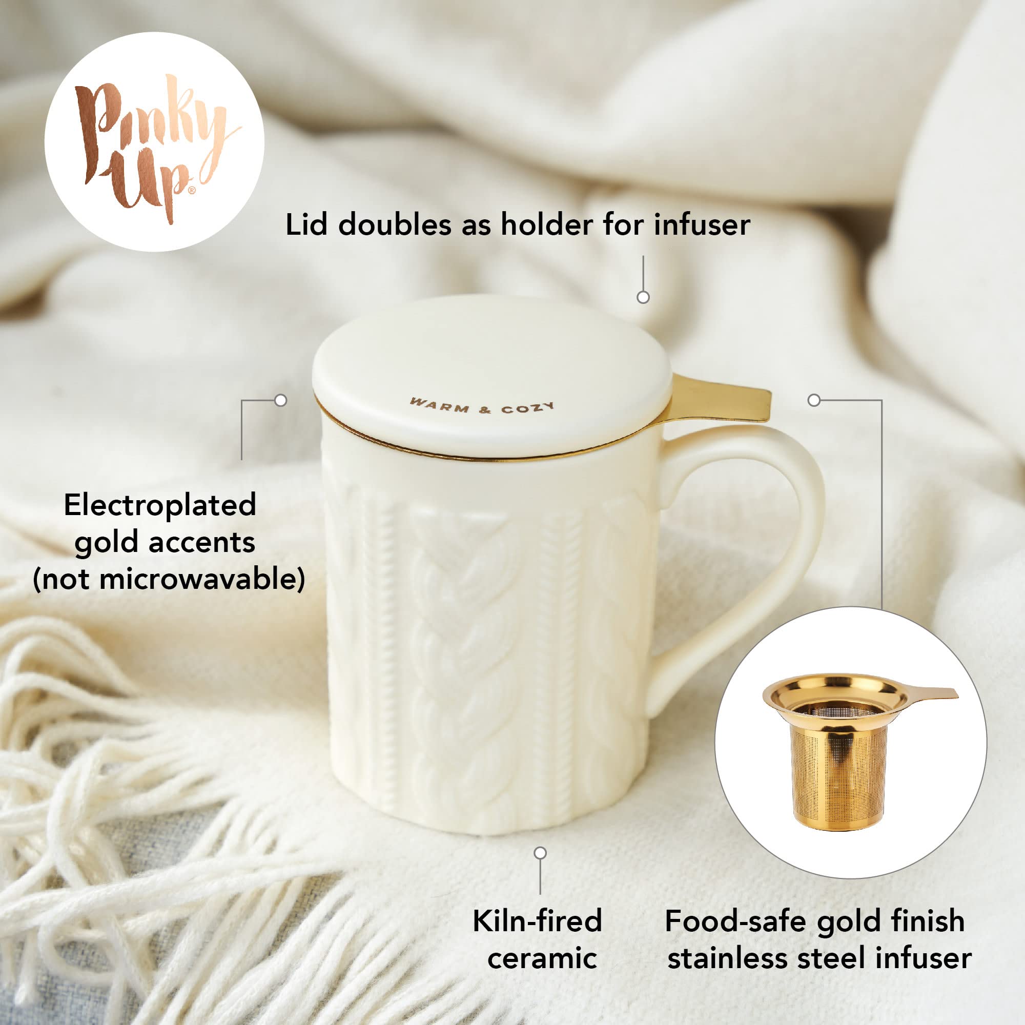 Pinky Up Annette: diseño tejido elegante en taza cerámica para un toque sofisticado.