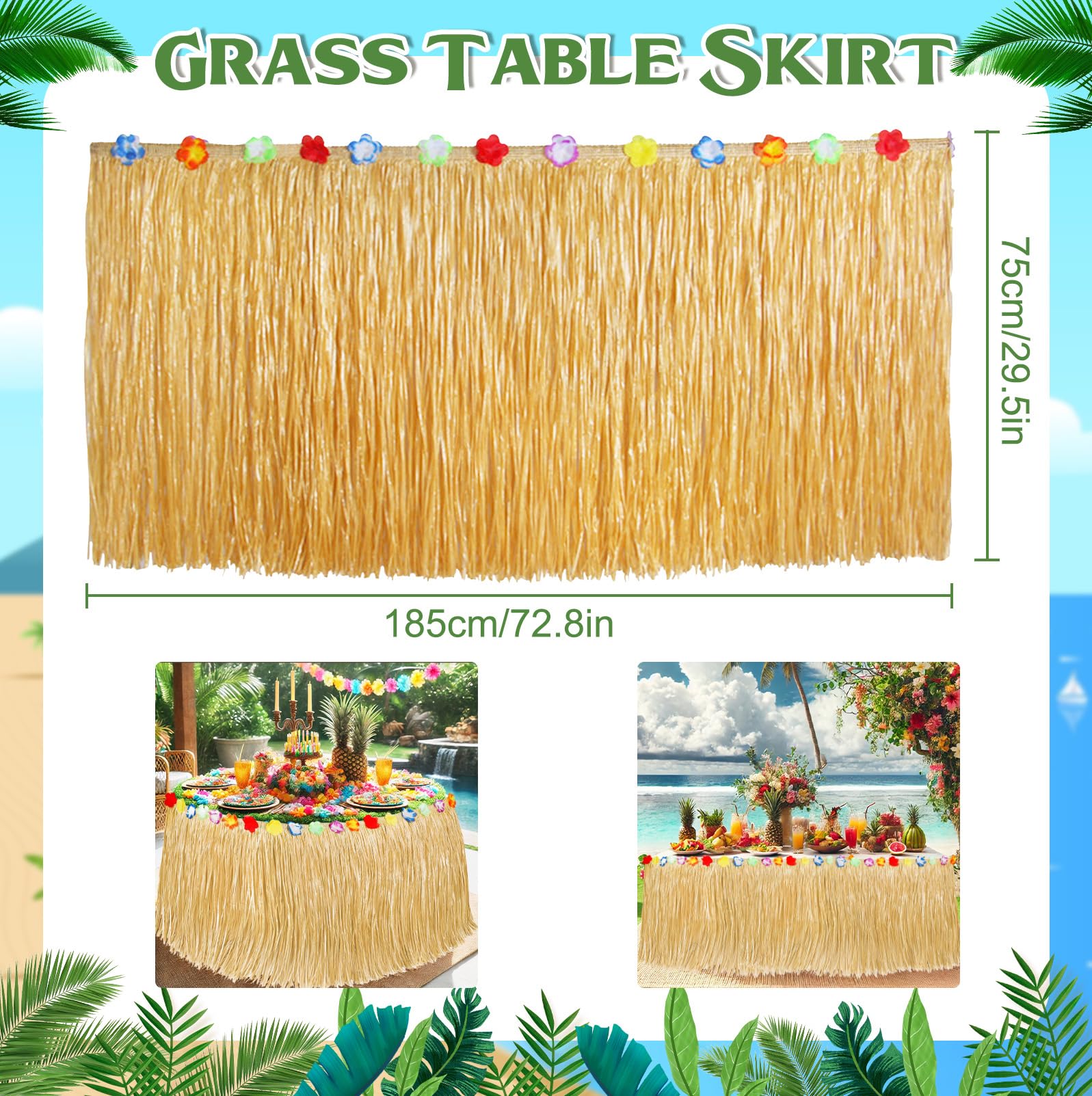 Detalle de adhesivos incluidos para instalación rápida en decoración hawaiana.