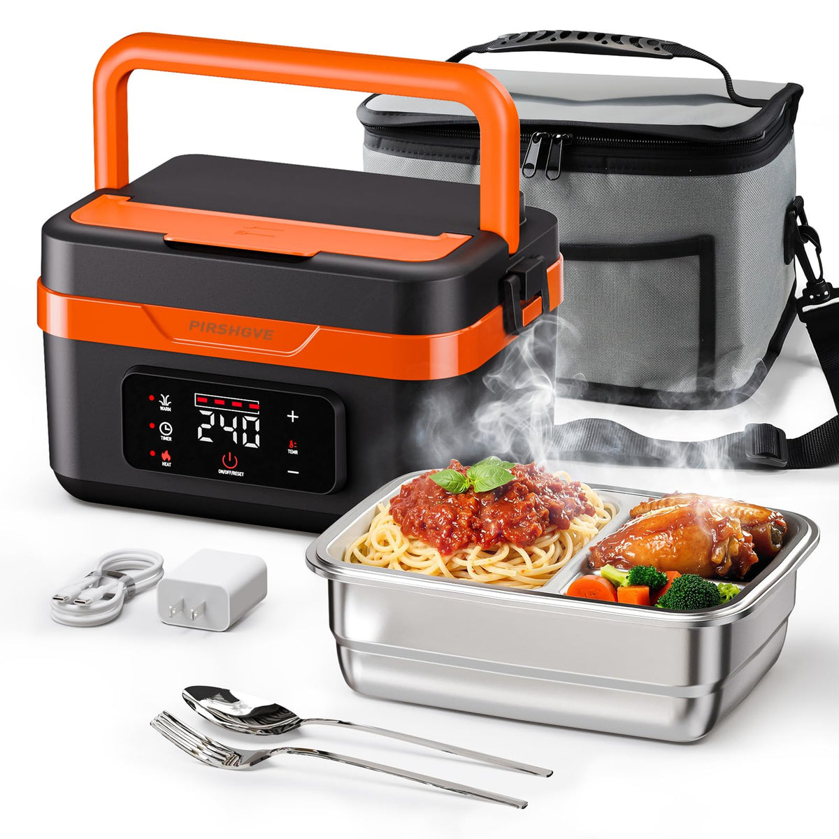 PIRSHGVE almuerzo eléctrico, vista lateral, ideal para transporte cómodo sin cables