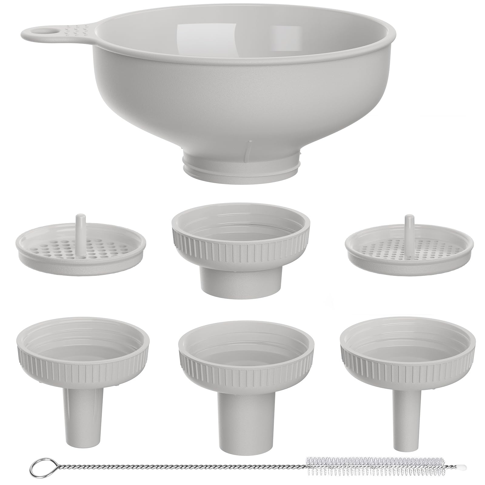 Pisol embudo boca ancha con 5 boquillas ajustables, ideal para frascos grandes