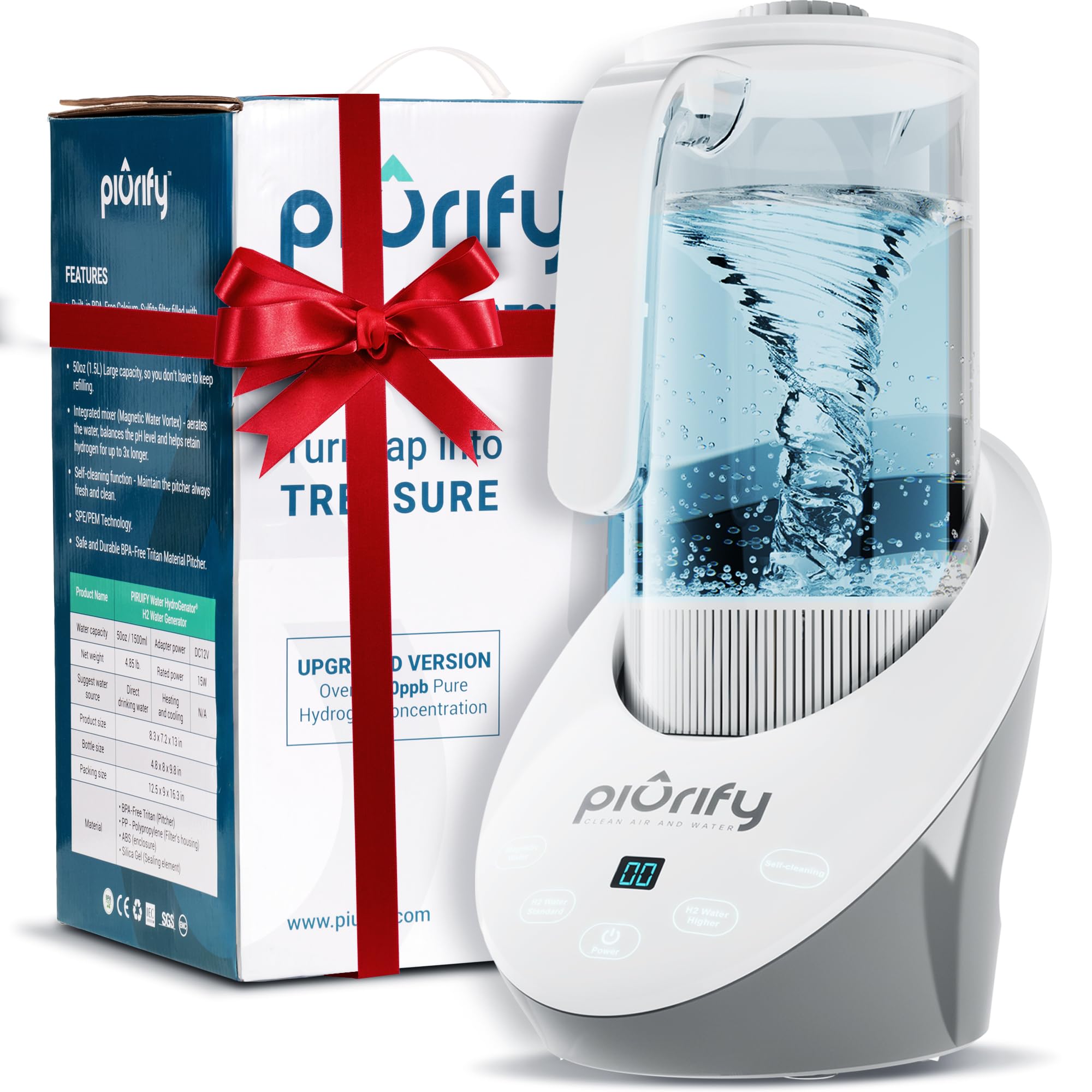 Piurify jarra de agua hidrogenada 50oz para hidratación diaria y refresco suave.