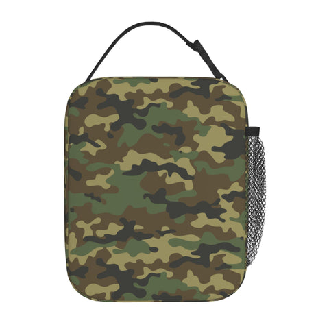 PIUTH bolsa de almuerzo verde camuflaje junto a una comida para picnic.
