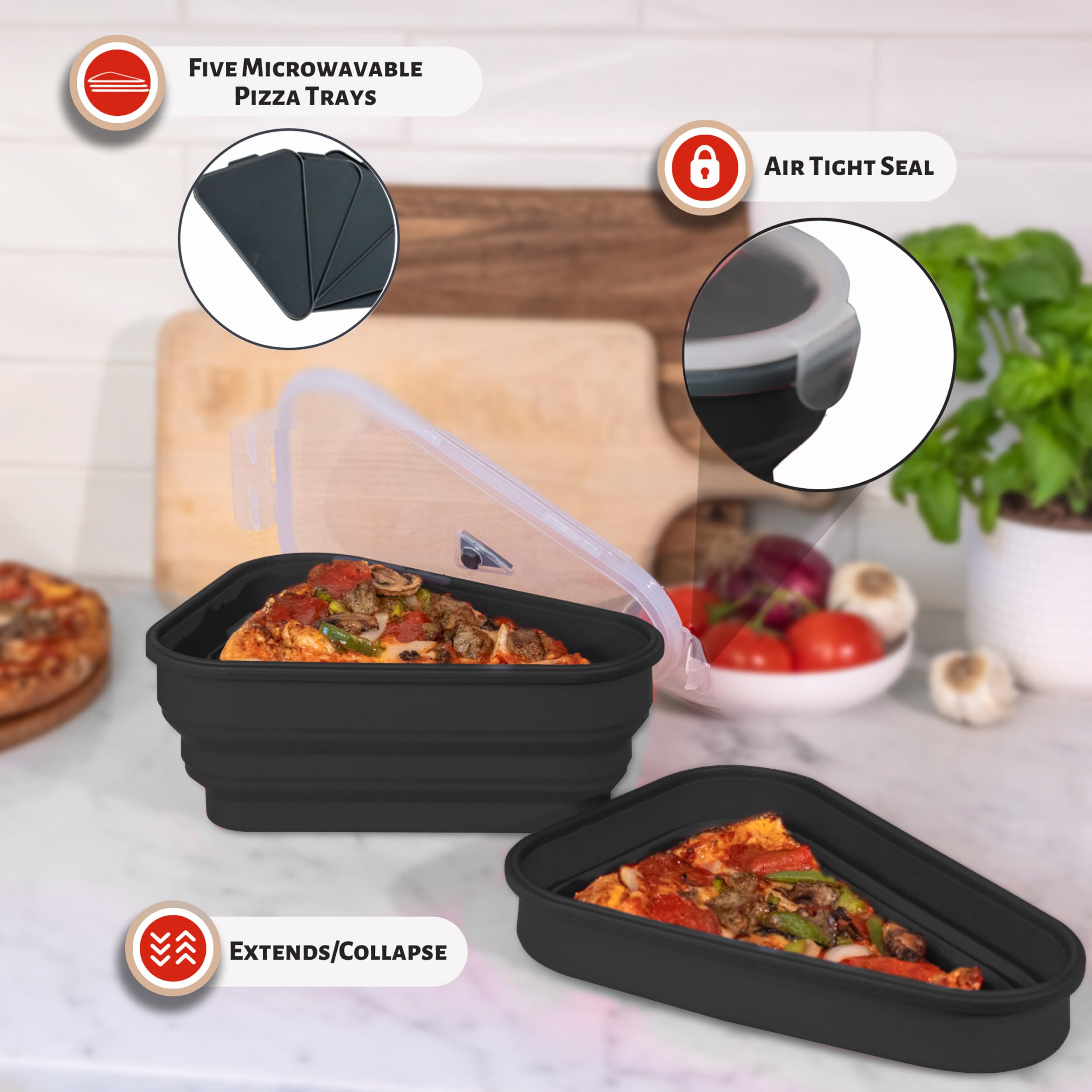 PIZZA PACK: silicona sin BPA, apta para microondas, lavavajillas y almacenamiento seguro.