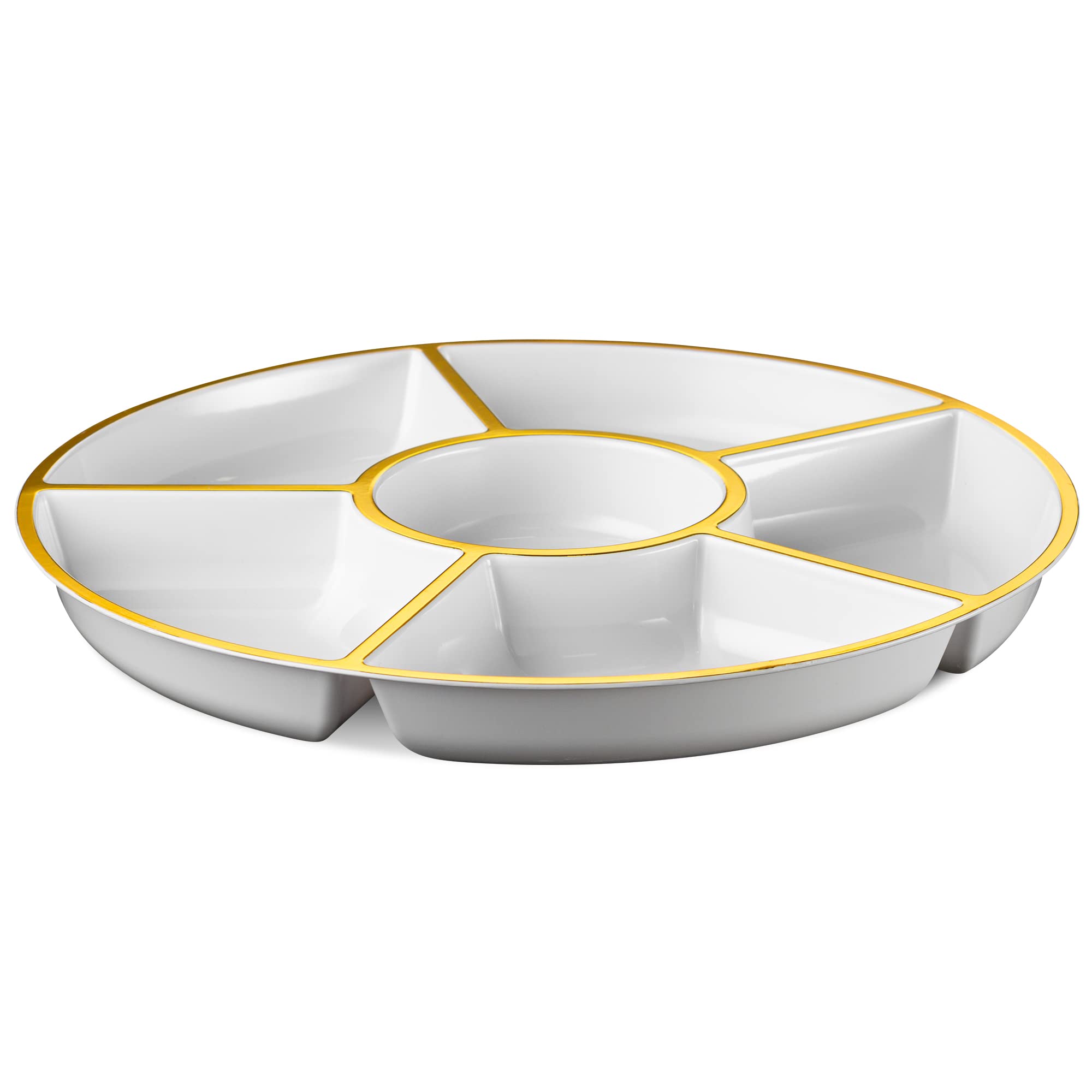 Plasticpro bodas y reuniones, bandeja blanca dorada para presentar aperitivos con estilo.