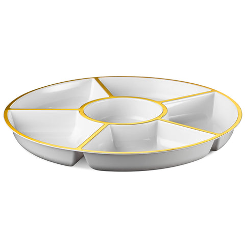 Plasticpro bodas y reuniones, bandeja blanca dorada para presentar aperitivos con estilo.