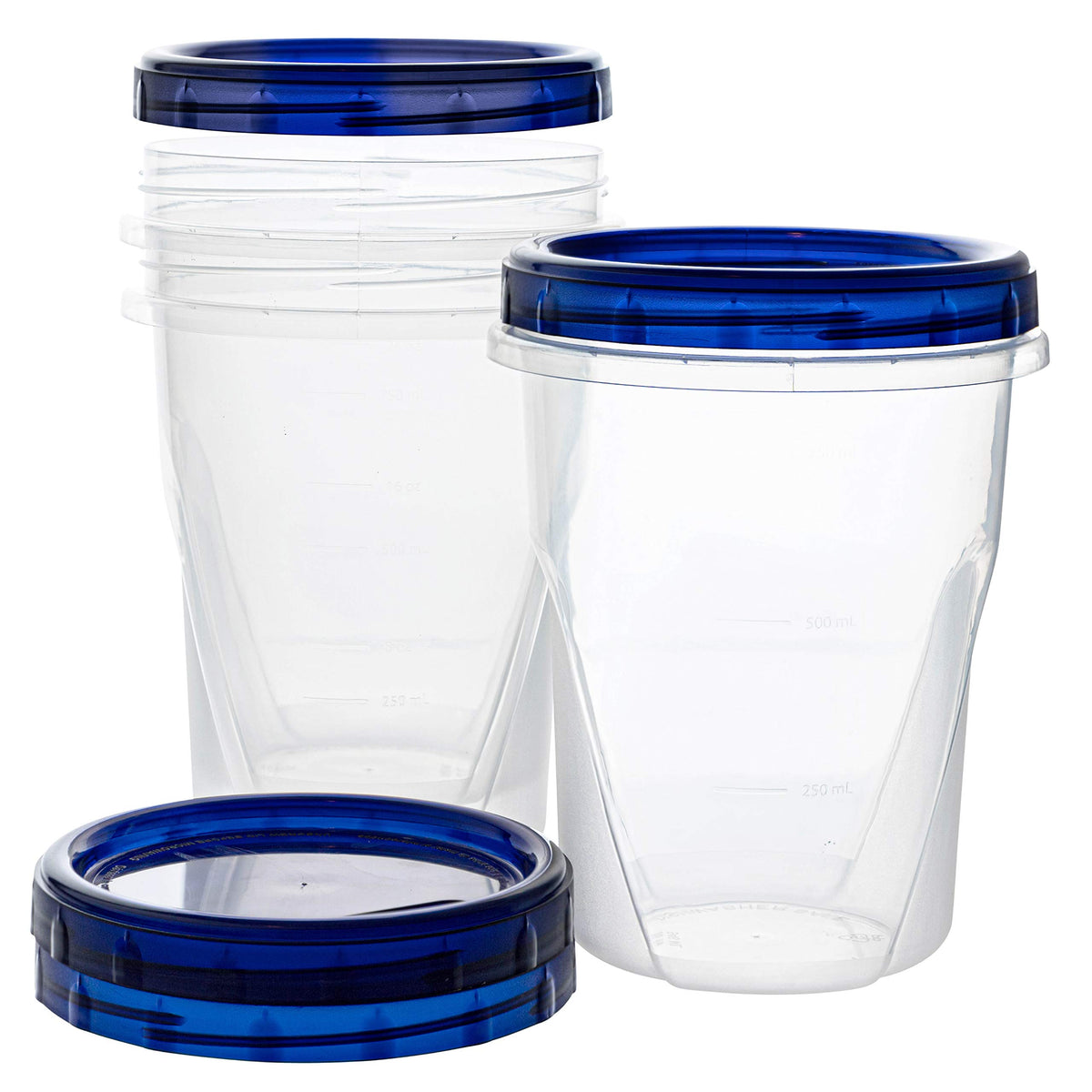 Contenedor PLASTICPRO con fondo transparente y tapa azul, uso para almacenamiento de porciones