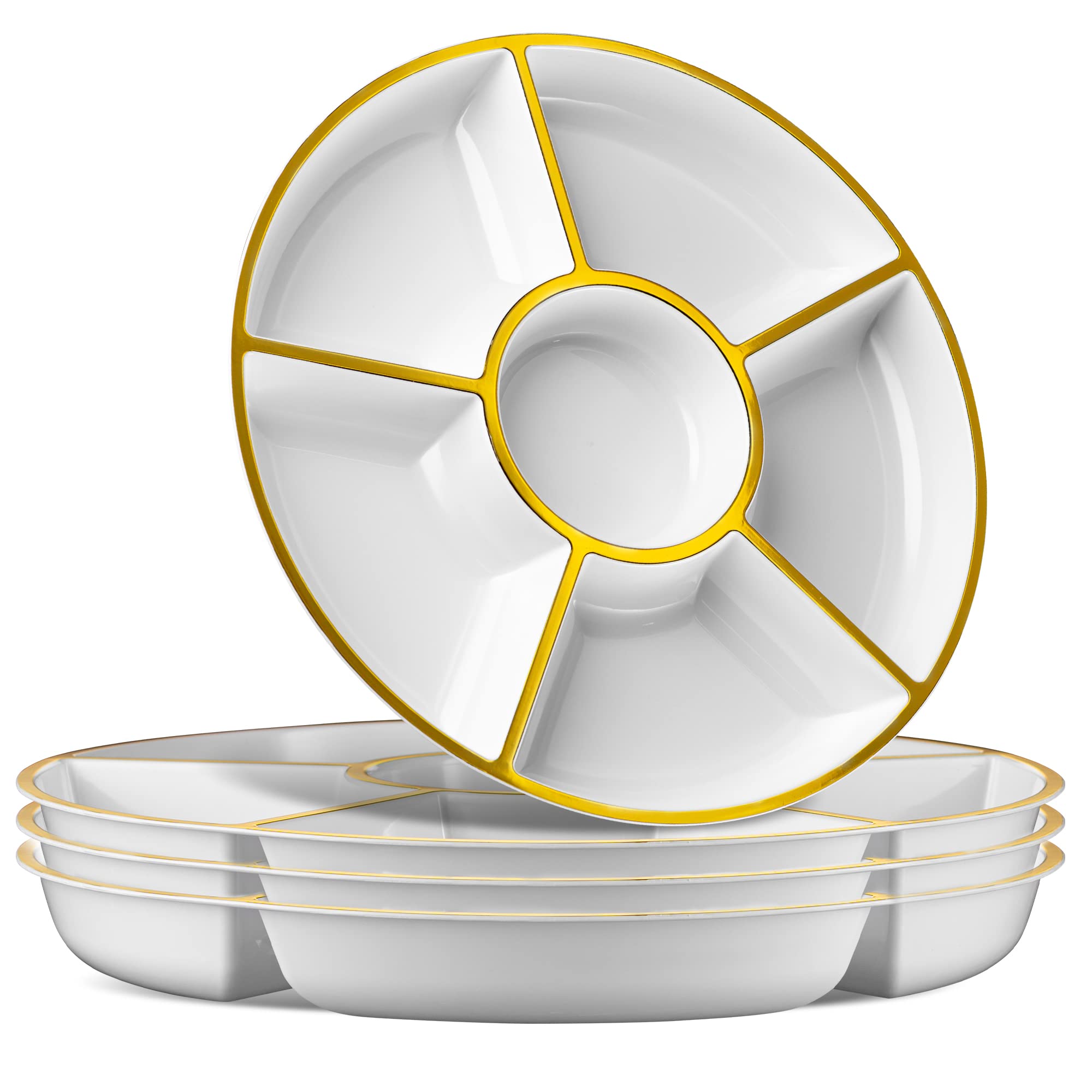 Plasticpro 6 Secciones bandeja redonda blanca con borde dorado, ideal para aperitivos.