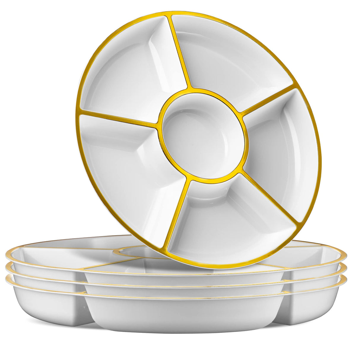 Plasticpro 6 Secciones bandeja redonda blanca con borde dorado, ideal para aperitivos.
