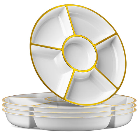 Plasticpro 6 Secciones bandeja redonda blanca con borde dorado, ideal para aperitivos.