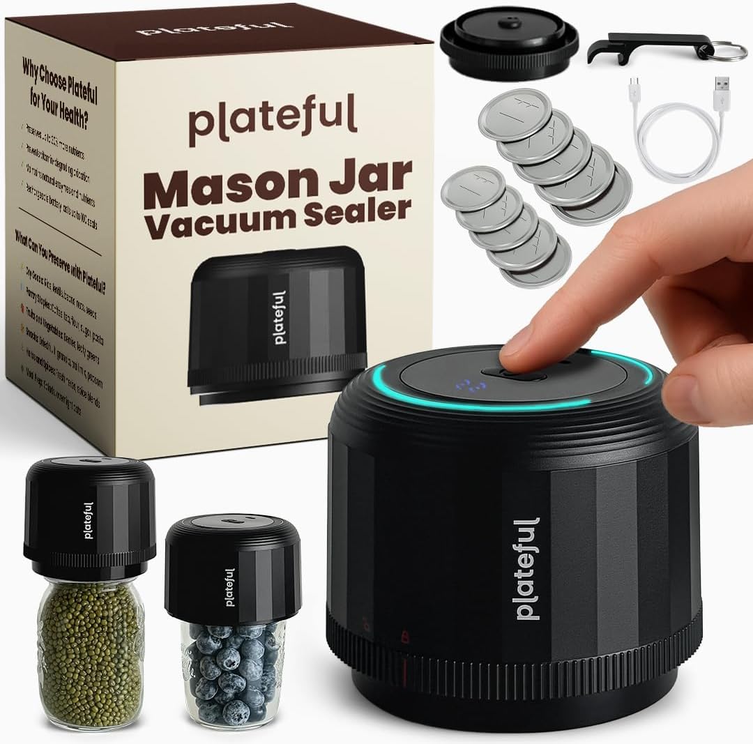 Plateful kit de sellado vacio para jarras Mason de boca regular, mantiene frescura más tiempo.