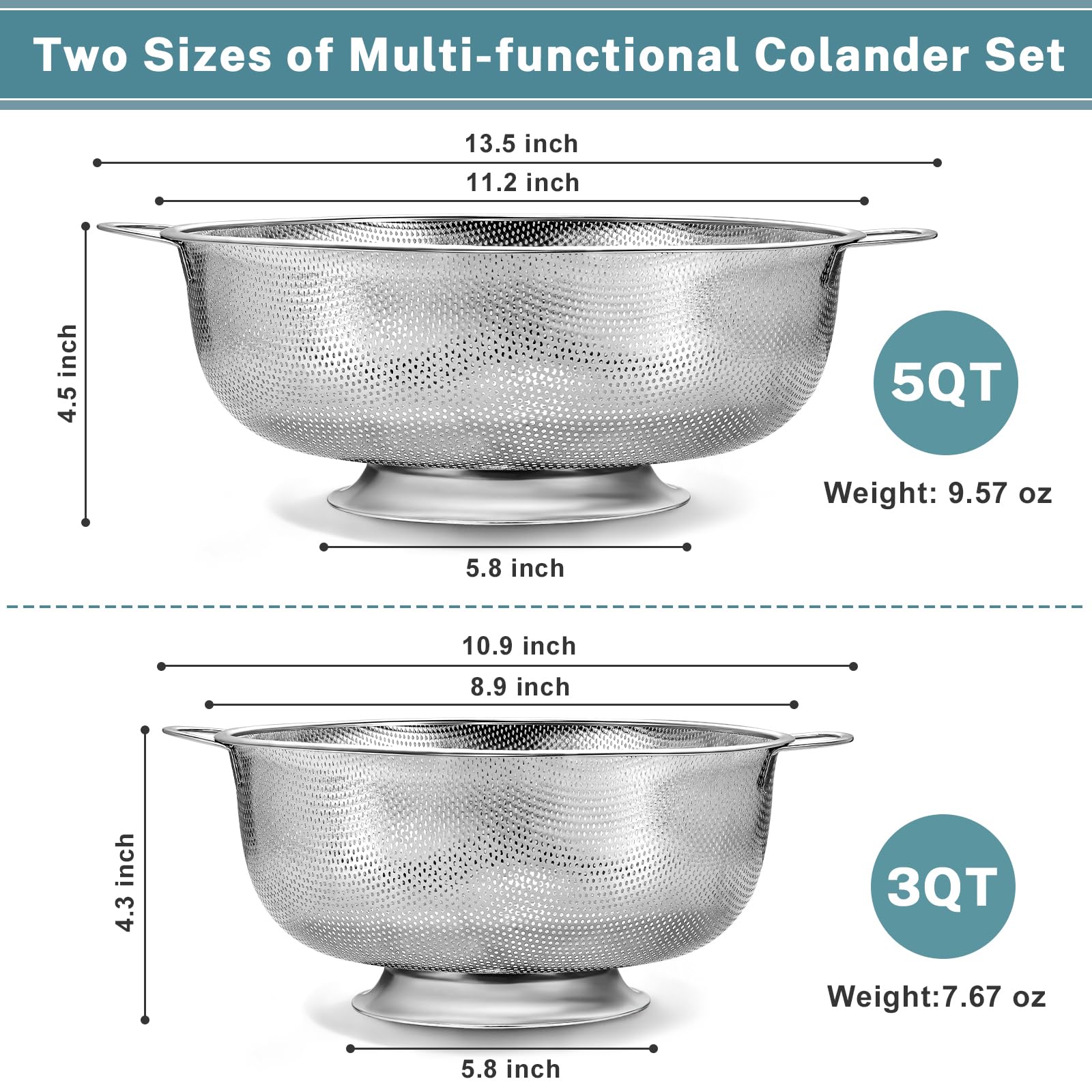 Colador Pleafind 18-8 3 qt: asa ergonómica para manejo cómodo.
