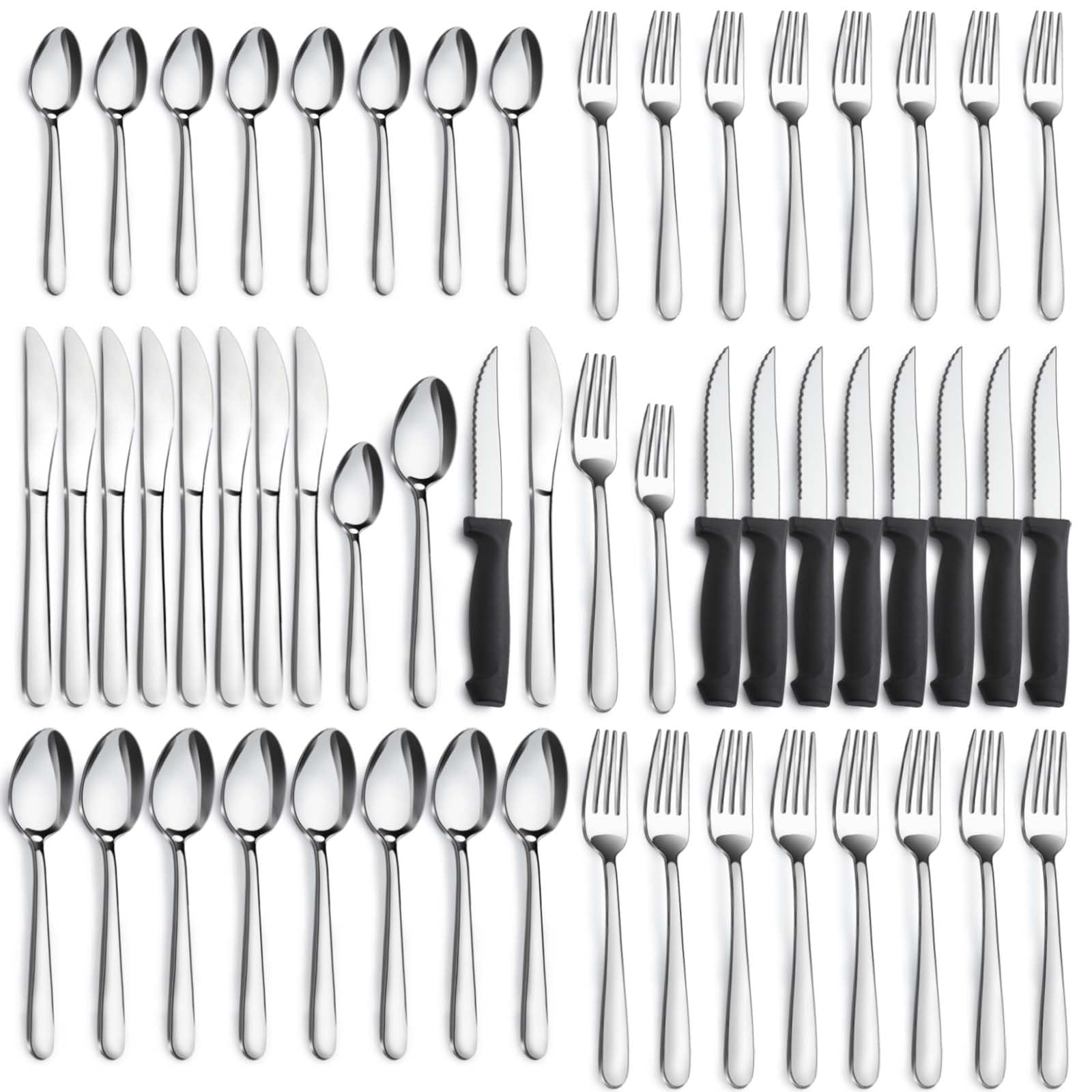 Pleafind juego cubiertos 48 piezas para 8 con acabado espejo, ideal para cenas familiares.