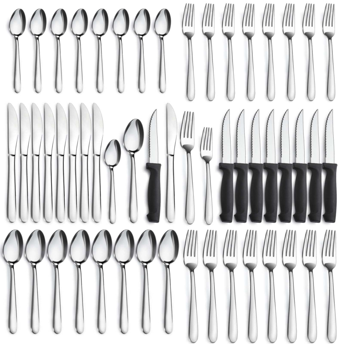 Pleafind juego cubiertos 48 piezas para 8 con acabado espejo, ideal para cenas familiares.
