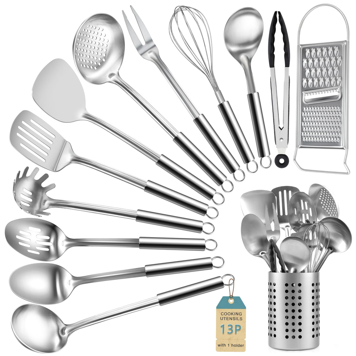 Pleafind juego de utensilios de cocina en acero inoxidable, 13 piezas, apto para lavavajillas.