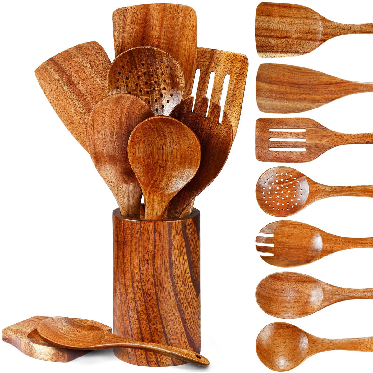 Pleafind juego de utensilios de teca 9 piezas para cocinar con agarre suave y duradero.
