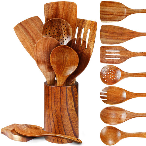 Pleafind juego de utensilios de teca 9 piezas para cocinar con agarre suave y duradero.