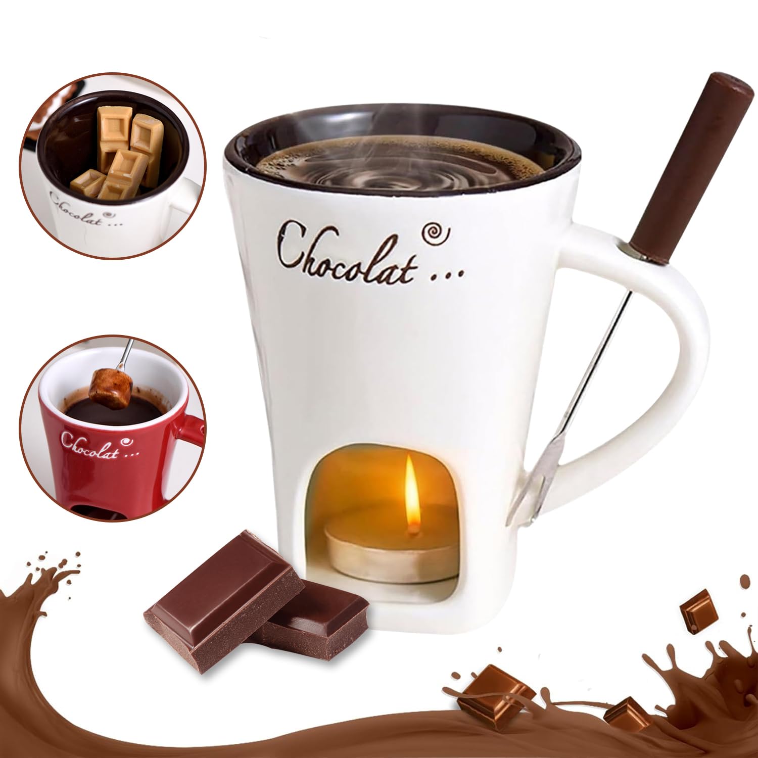 Ploreatu taza fondue chocolate blanco, perfecto para veladas románticas.