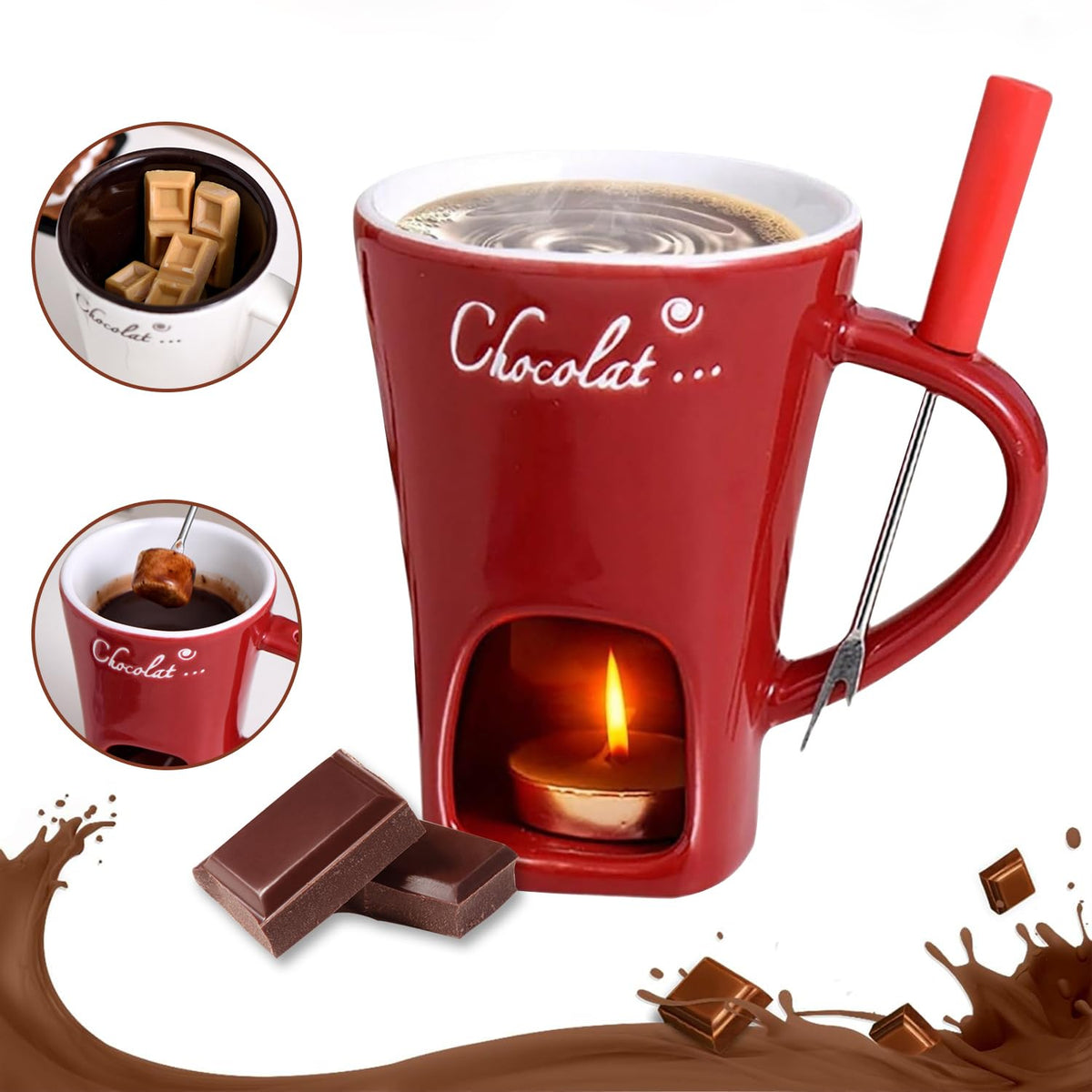 Taza fondue ploreatu en color rojo, cerámica de 200 ml para chocolate derretido
