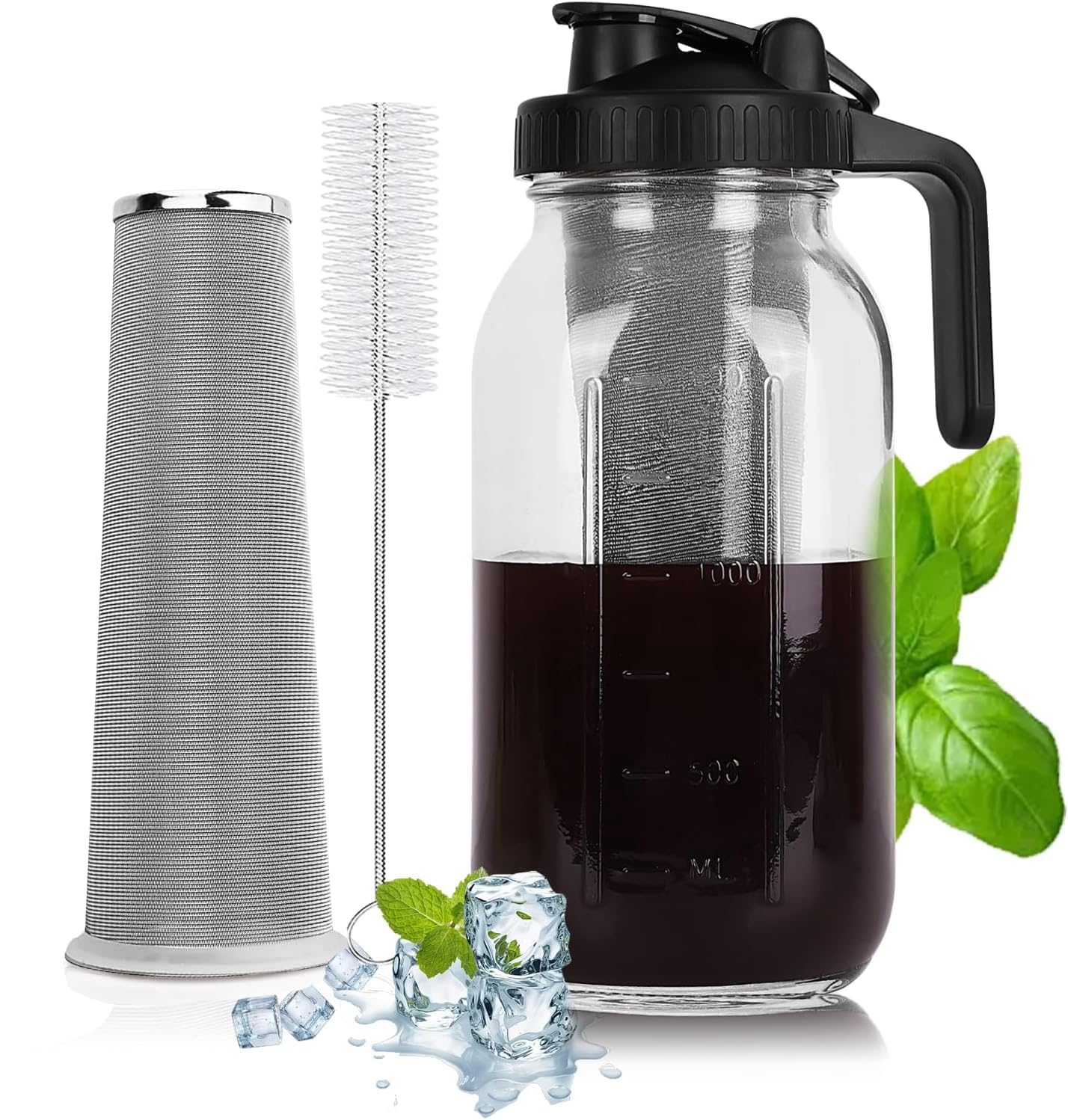 Jarra de cristal PNHYTUGY para café frío con capacidad 64 onzas y vertido estable.