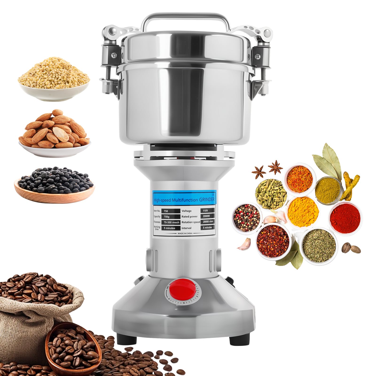 Poakkus molinillo-grano-750g-motor-2000w, ideal para moler granos rápidamente.