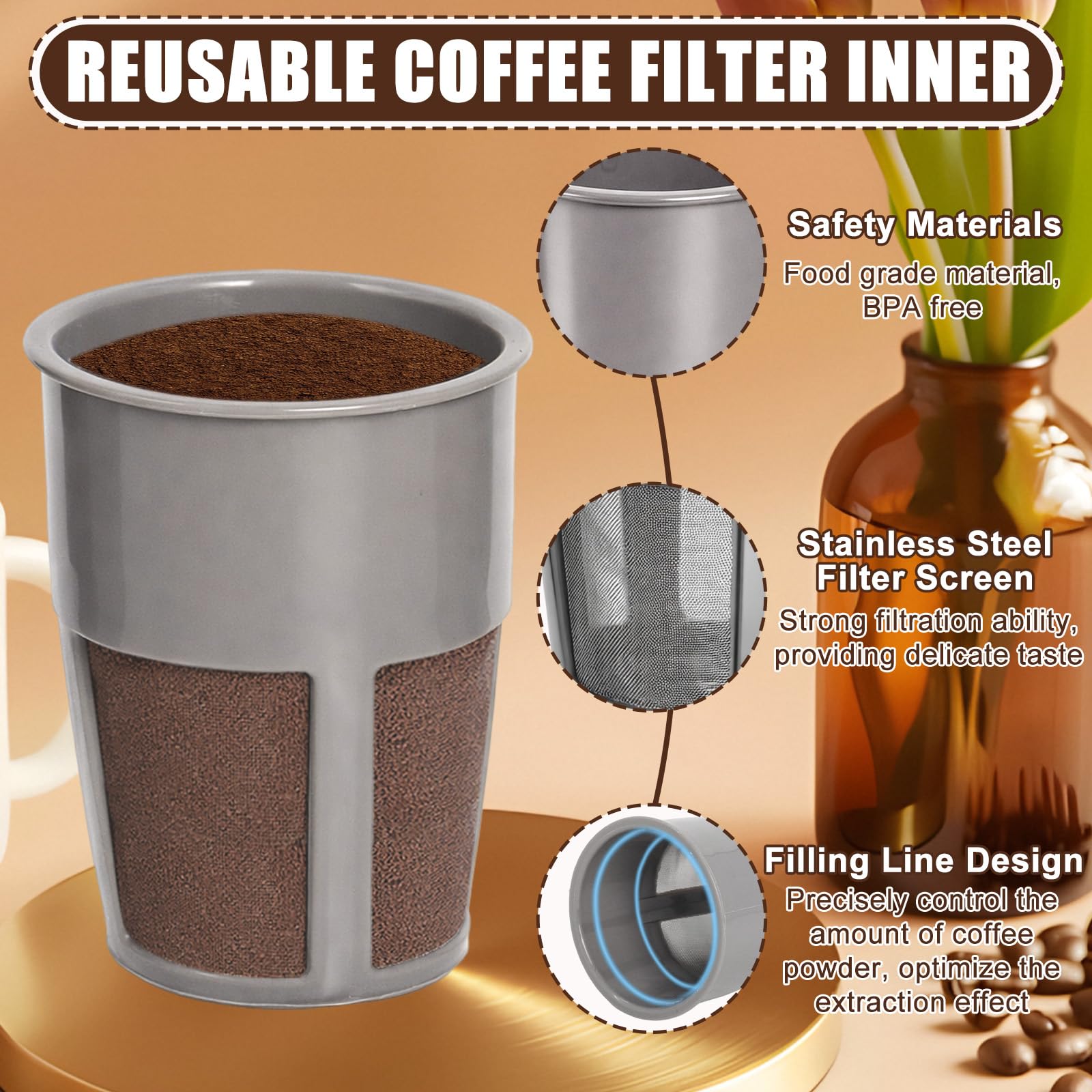 Filtro Podoy gris reutilizable para Keurig 2.0, compatible con K300–K475.