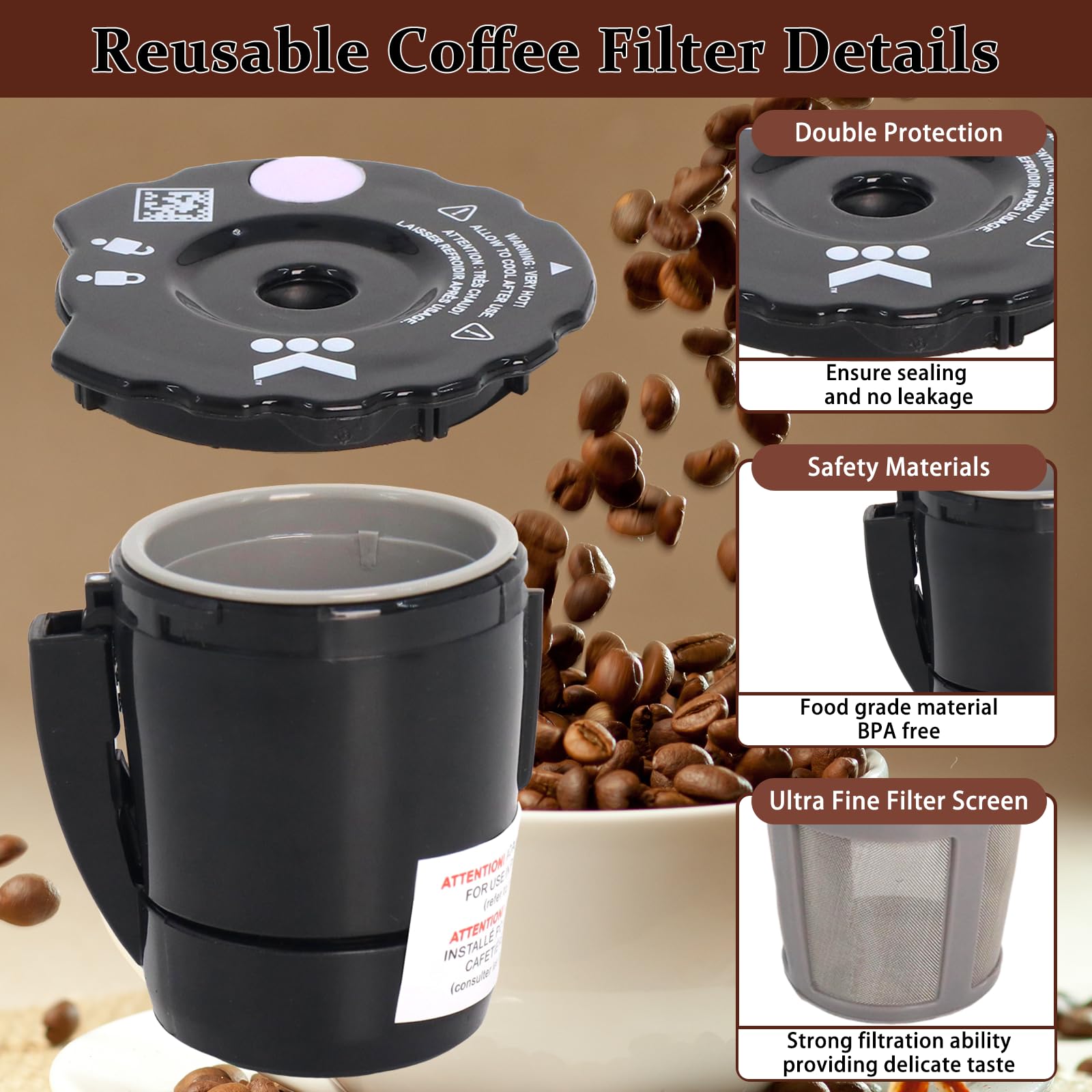 Filtro Podoy K250 mostrando compatibilidad con Keurig 2.0 y 1.0 para varios modelos