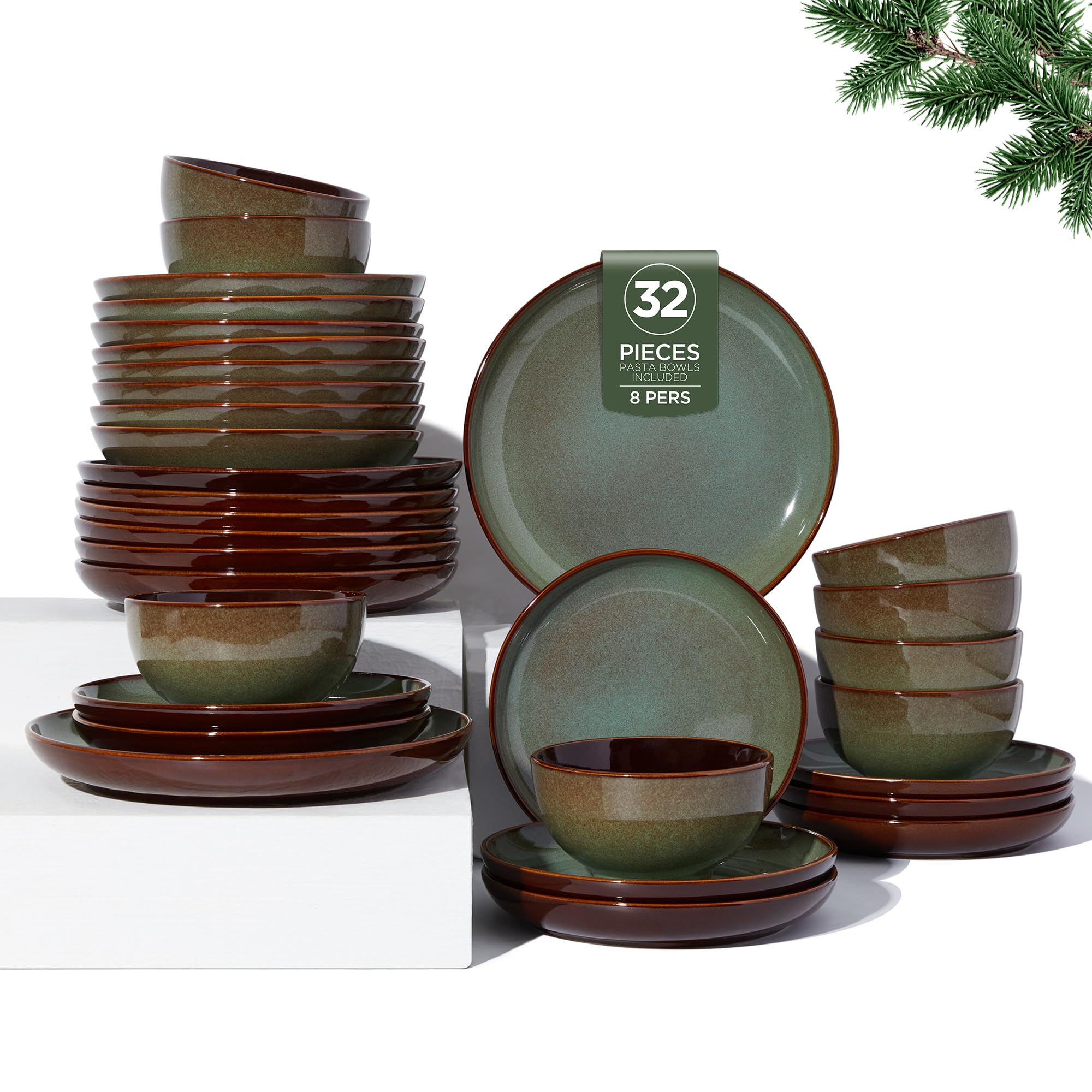 Pokini juego vajilla doble cuenco 32 piezas, ideal para reuniones familiares en verde salvia.