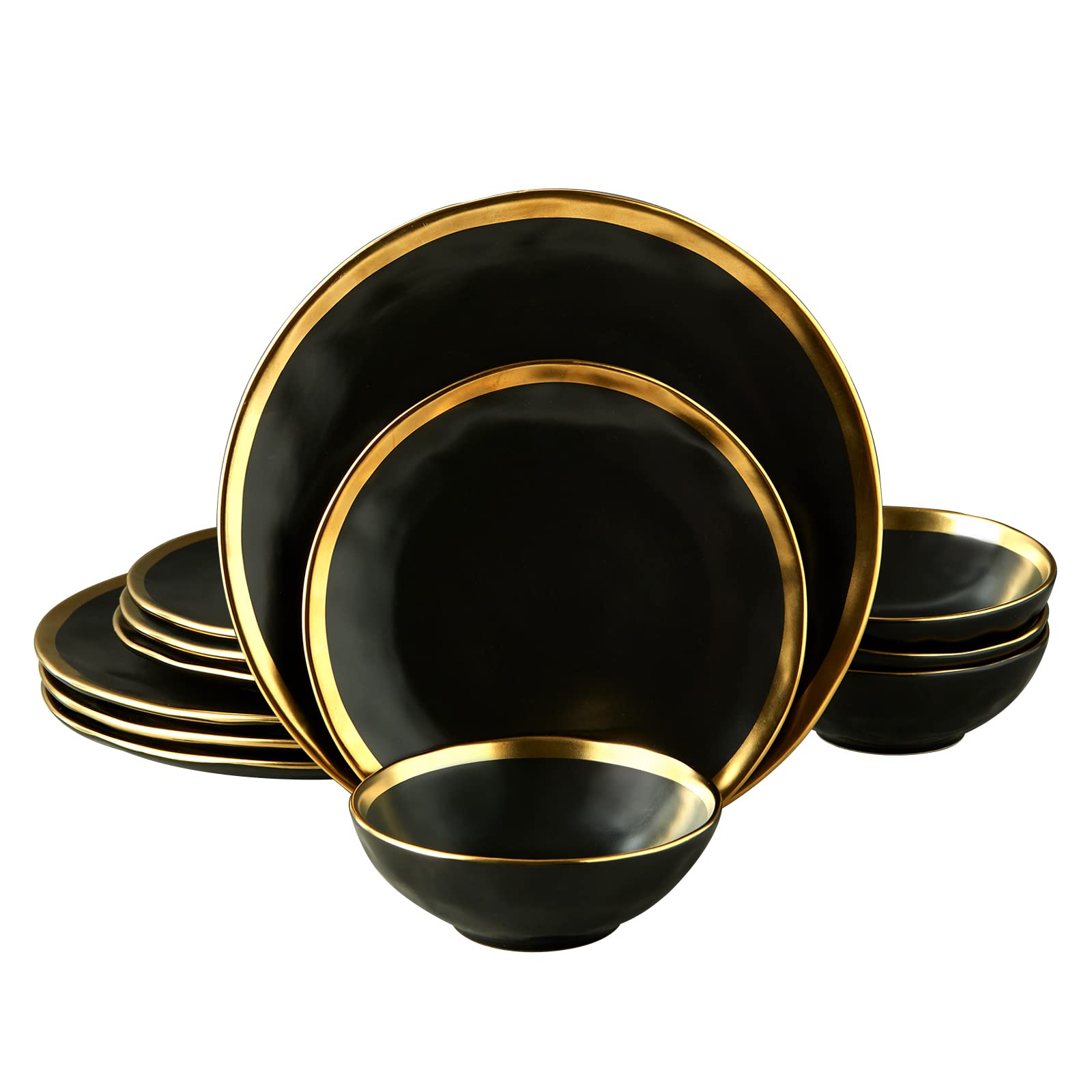 Pokini platos negro lujo con borde dorado, 10 pulgadas, presentación elegante para mesas formales