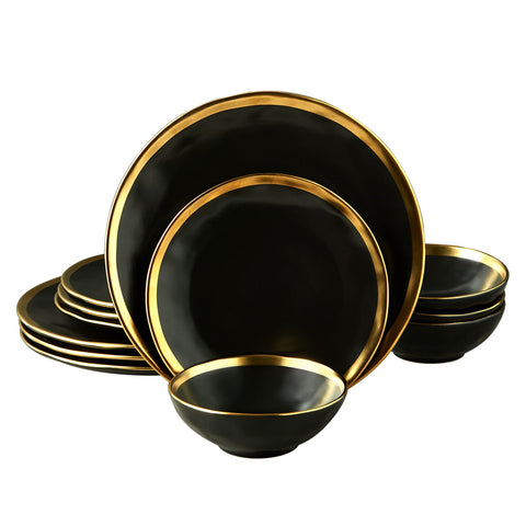 Pokini platos negro lujo con borde dorado, 10 pulgadas, presentación elegante para mesas formales