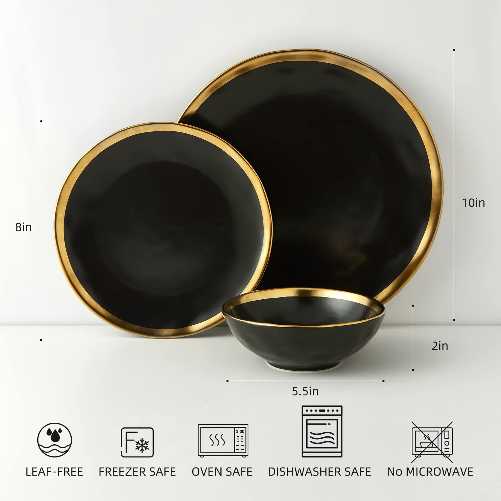 Pokini plato de ensalada negro 8 pulgadas, borde dorado, combinación para entrantes y ensaladas