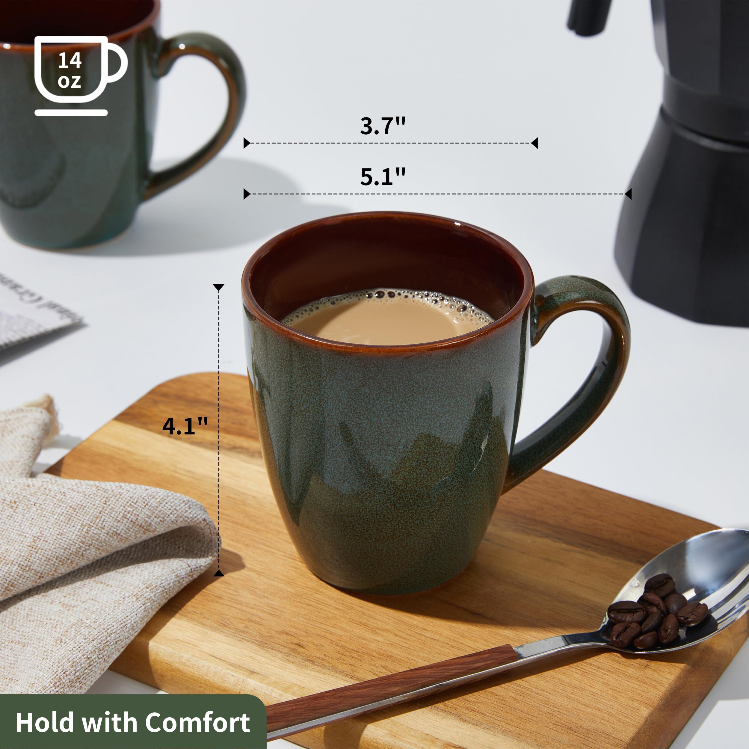 Taza Pokini de cerámica 14 oz con agarre ergonómico cómodo.
