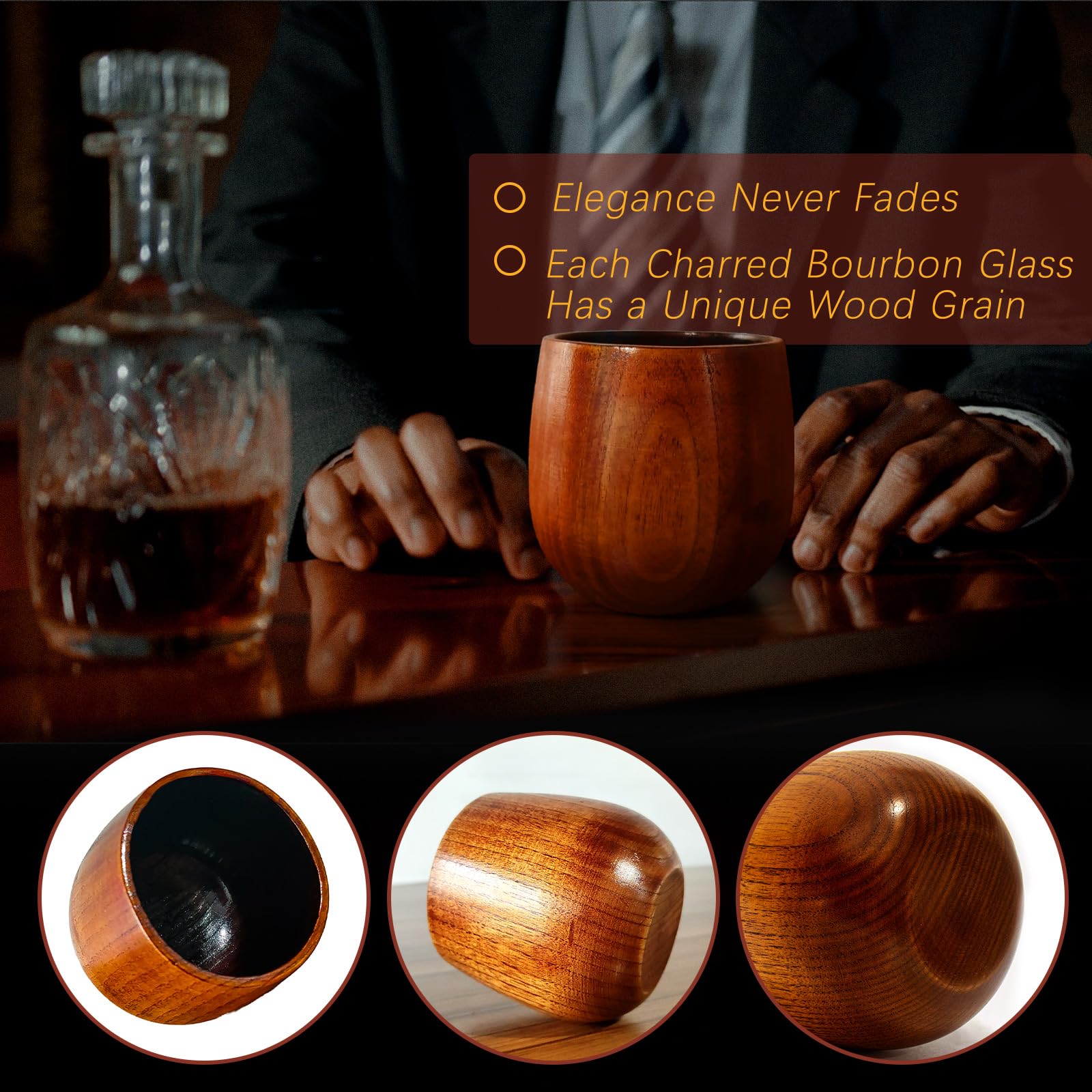 PokShow copa bourbon madera carbonizada, duradera para uso diario en casa.