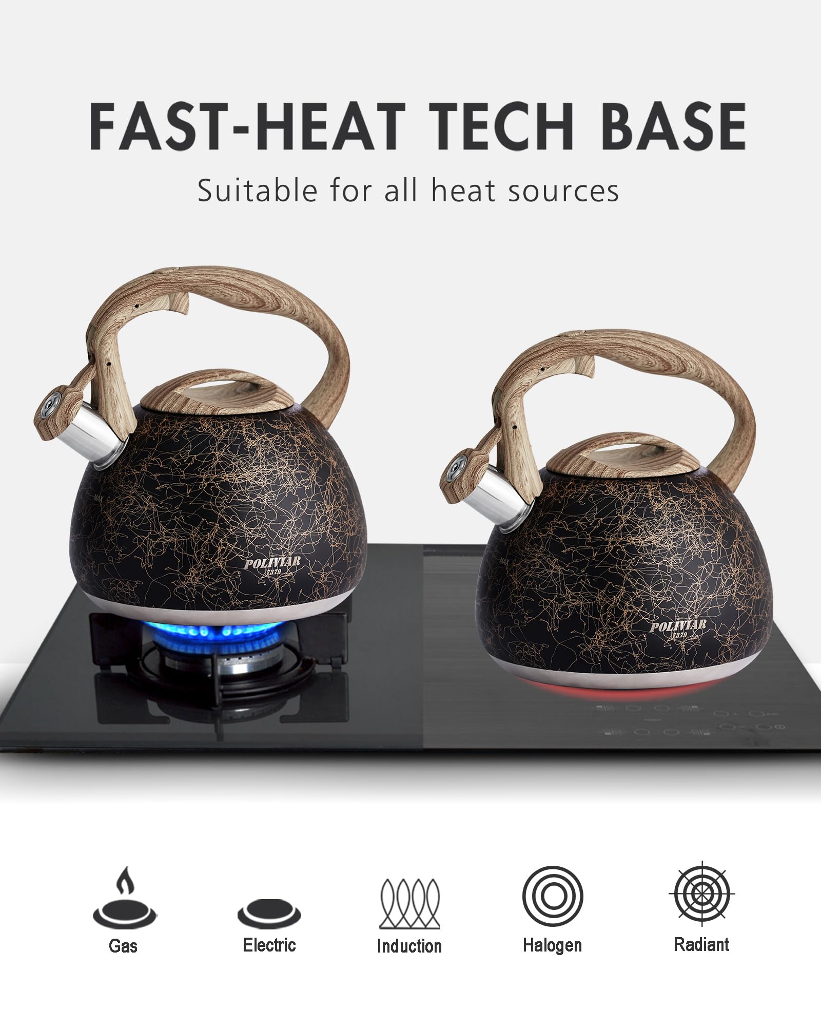 POLIVIAR hervidor te apto para todas las fuentes de calor, versátil.