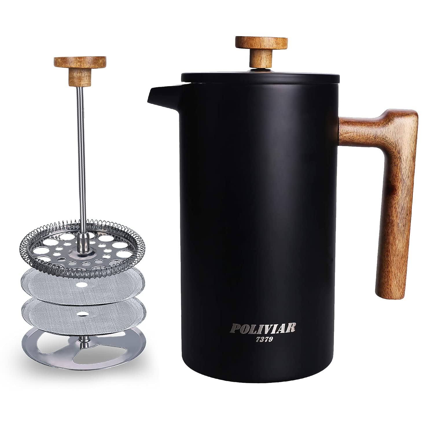 POLIVIAR Prensa Francesa 34oz con mango-madera-real para un agarre cómodo y café aromático