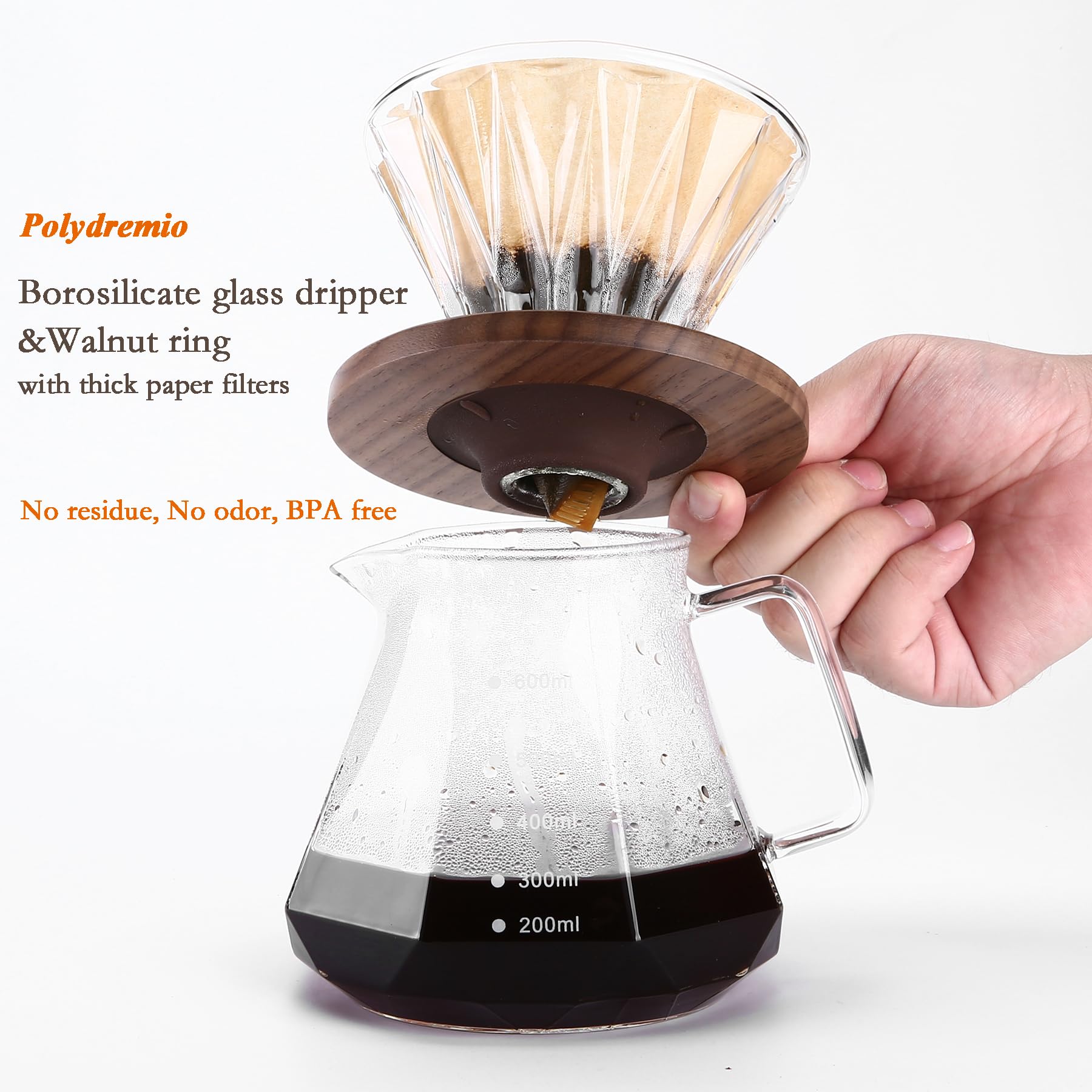 Polydremio mango de nogal y tapa de vidrio, diseño elegante.