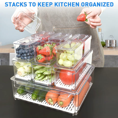 Pomeat organizador nevera apilable mediano, mantiene frutas y verduras ordenadas.