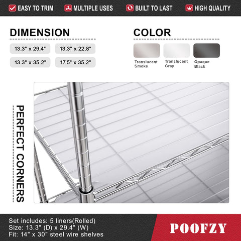 Poofzy liner plástico sin adhesivo para estantes de alambre, cubre y protege contenido.