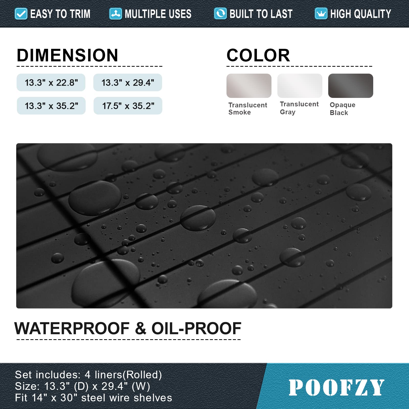Poofzy revestimiento con bordes recortados para compatibilidad con estanterías estándar