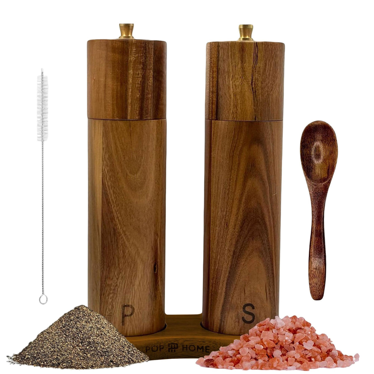 Pop and Party molinillos de sal y pimienta en acacia de 8 pulgadas para mesa elegante.