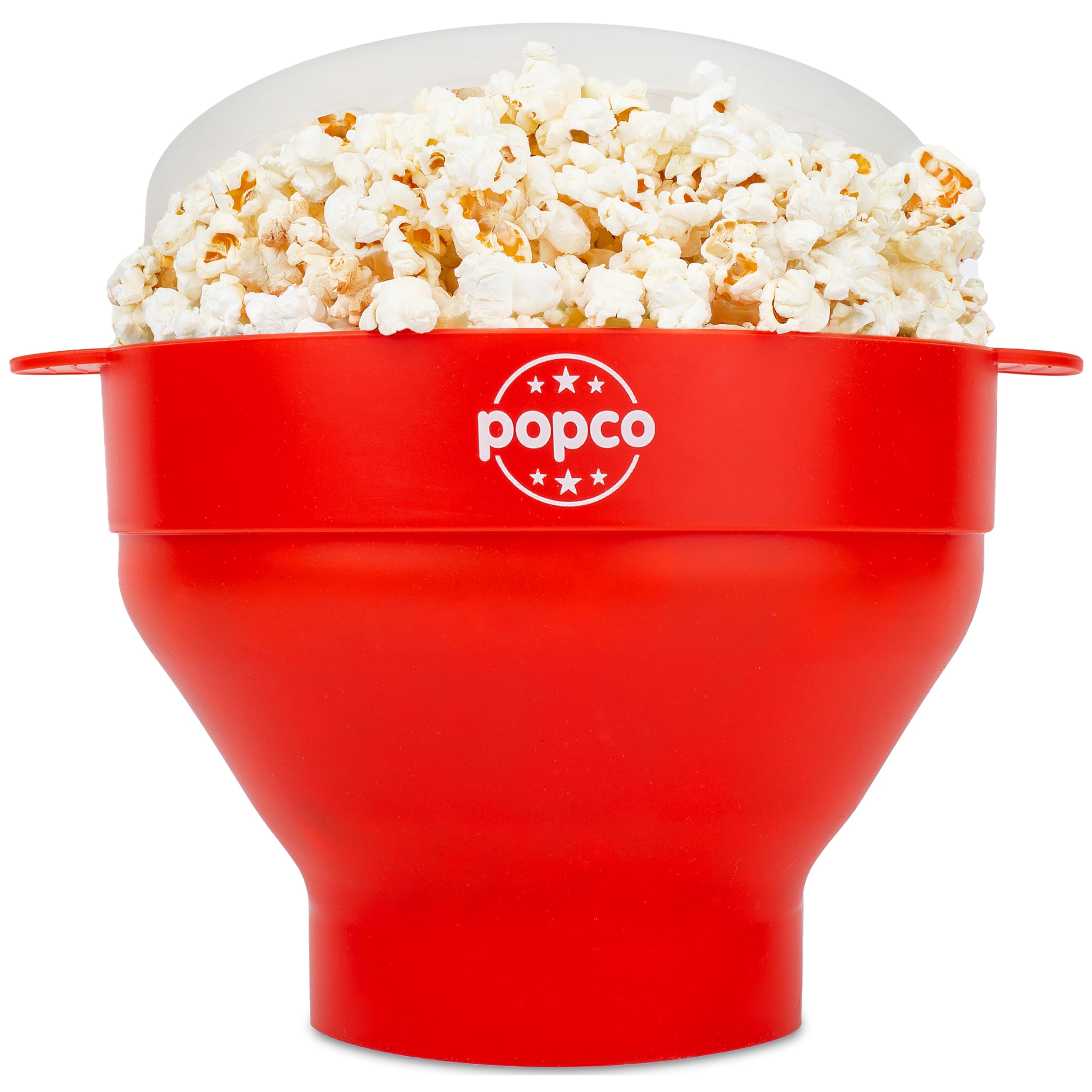 Popco bol palomitas rojo con asas, ideal para servir snacks en casa.