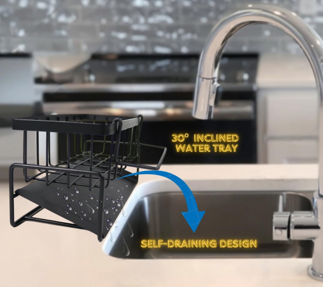 Portaesponja negro para fregadero: formato compacto para cocinas pequeñas.