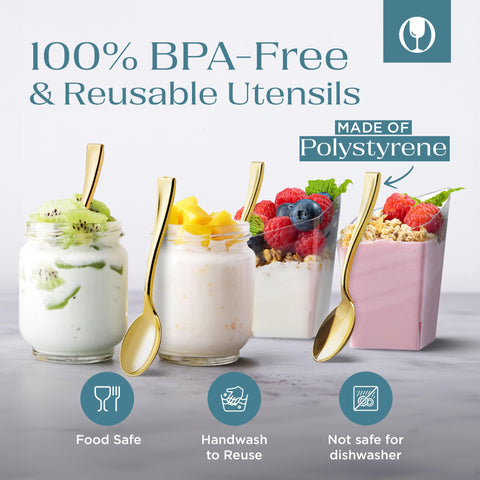 Posh Setting cucharas doradas para fiestas elegantes, realzan la presentación de postres y aperitivos.