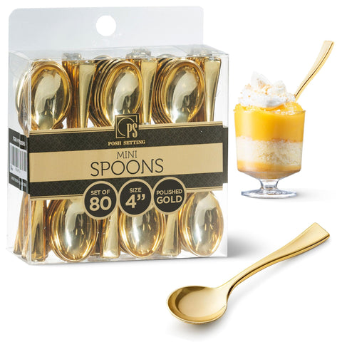 Posh Setting cucharas mini doradas para postre, ideales para porciones pequeñas en fiestas elegantes.