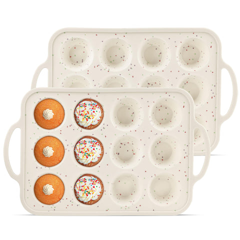 POSOSTO moldes de muffin de silicona con borde metálico, 12 cupos, liberación fácil.