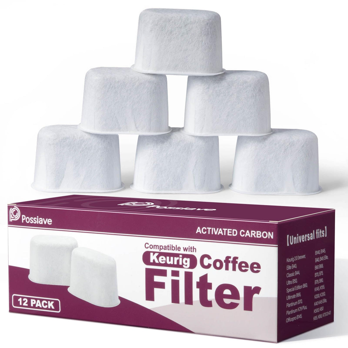 Possiave filtros de agua para Keurig, frente del empaque, mejora el sabor.