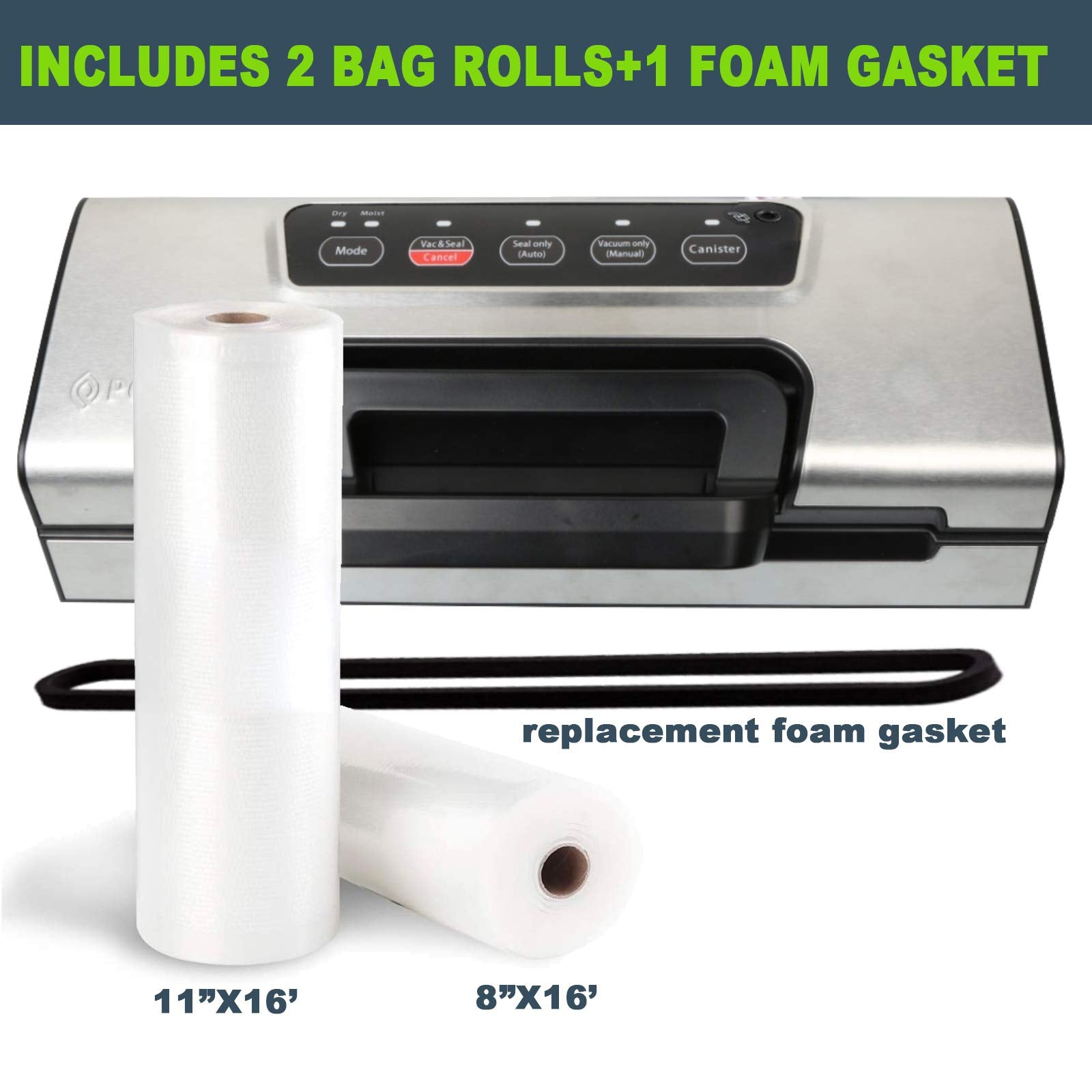 Incluye rollos de bolsas 11x16 y 8x16 con Potane Precision Vacuum Machine Pro