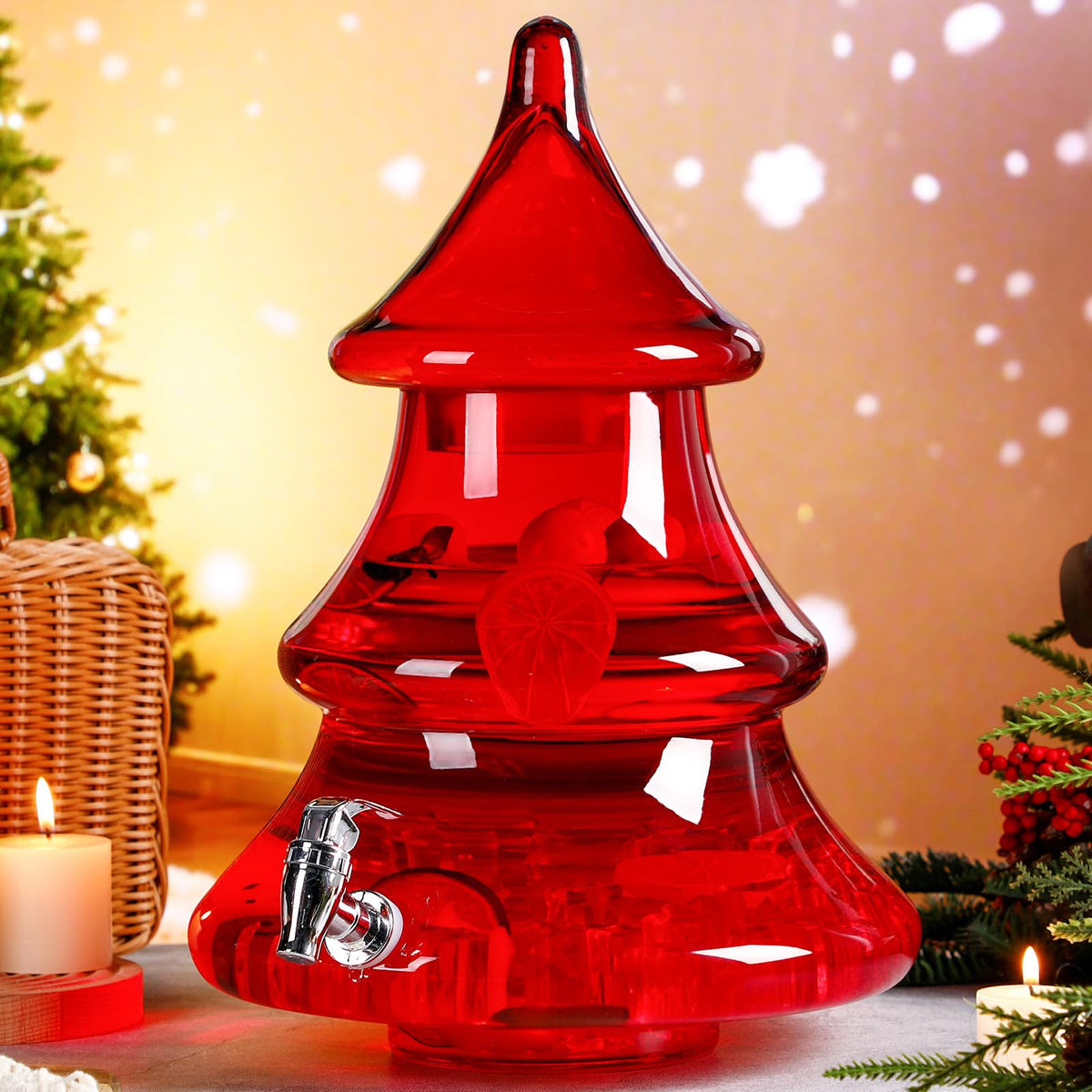 Potchen dispensador de bebidas con diseño de árbol navideño en cristal, perfecto para fiestas.
